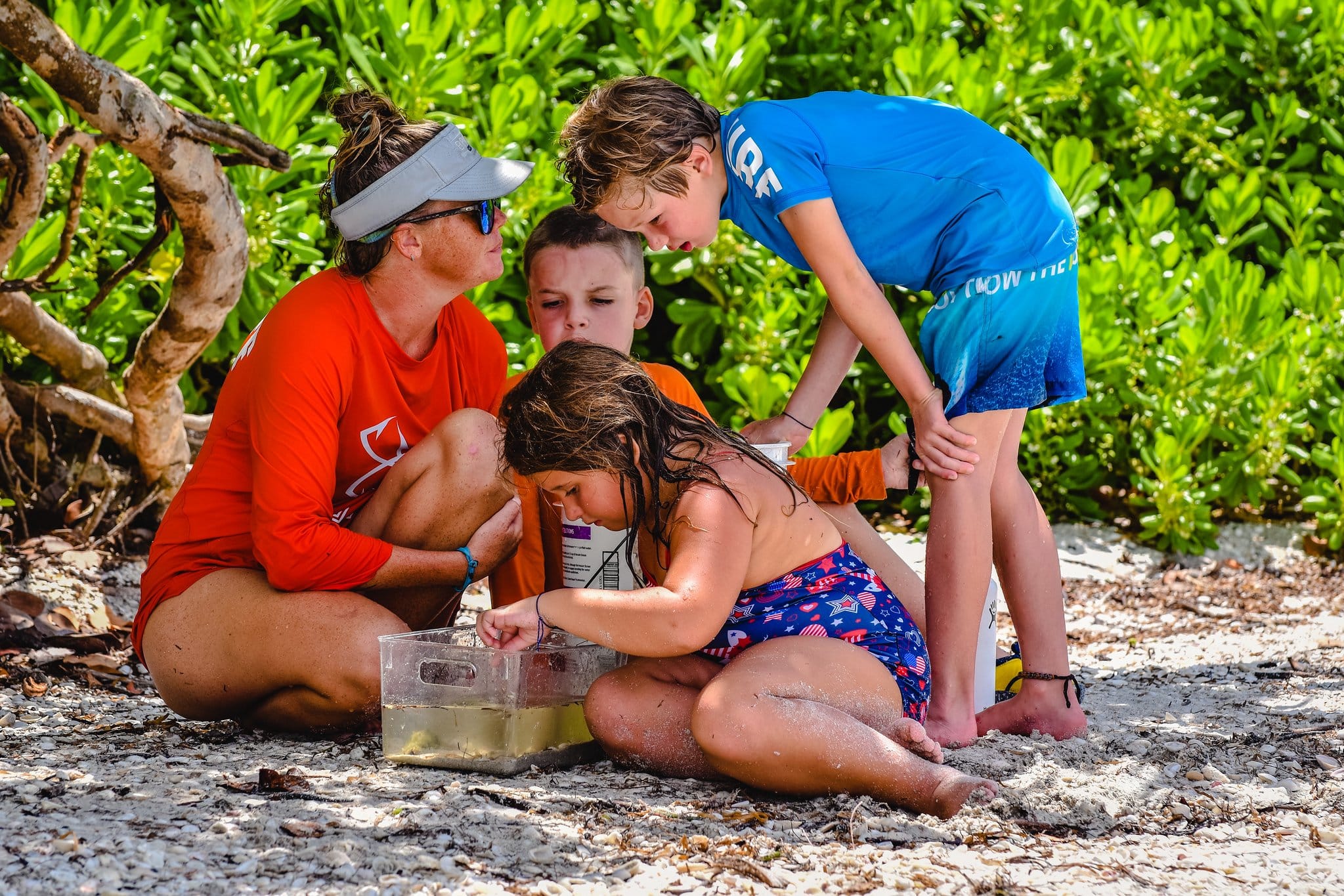 kids and counselor during summer camp on the beach with Sanibel Sea School